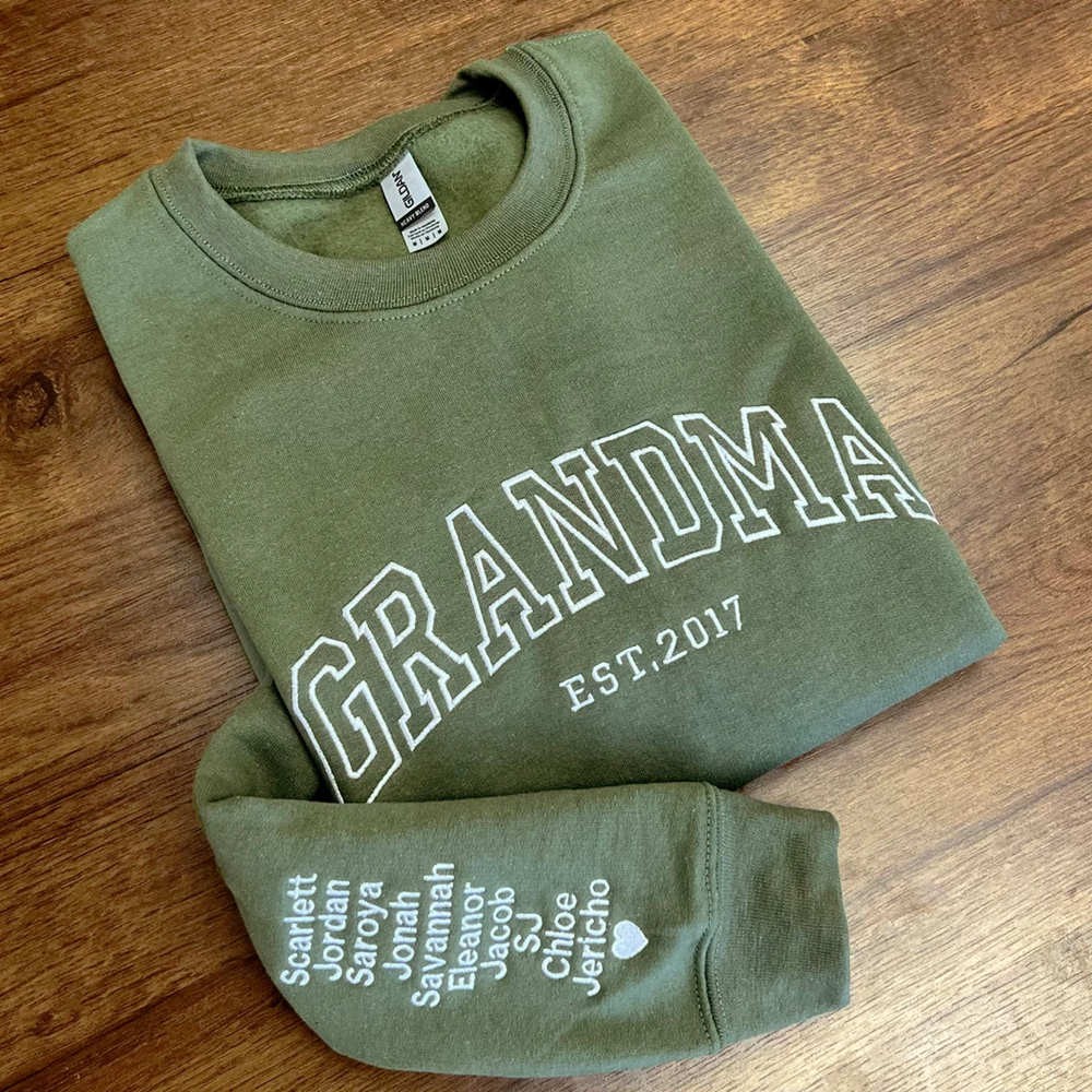 Custom Embroidered Grandma Sweatshirt with Date and Grandchildren Names on Sleeve For Mother's Day Gift