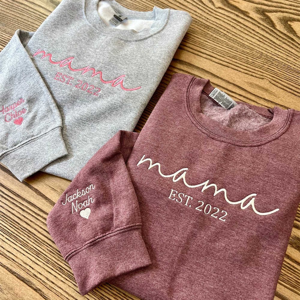 Custom Embroidered Mama Sweatshirt with Date and Kids Names on Sleeve For Mother's Day Gift