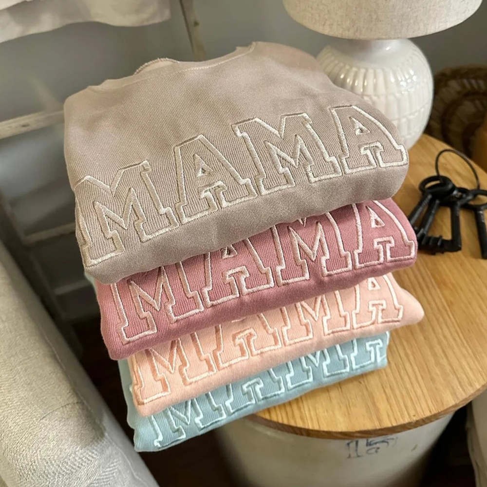 Custom Embroidered Mama Sweatshirt with Date and Kids Names on Sleeve For Mother's Day Gift