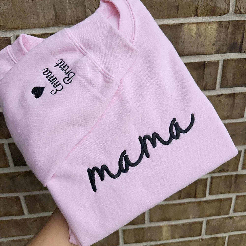 Custom Embroidered Mama Sweatshirt with Date and Kids Names on Sleeve For Mother's Day Gift