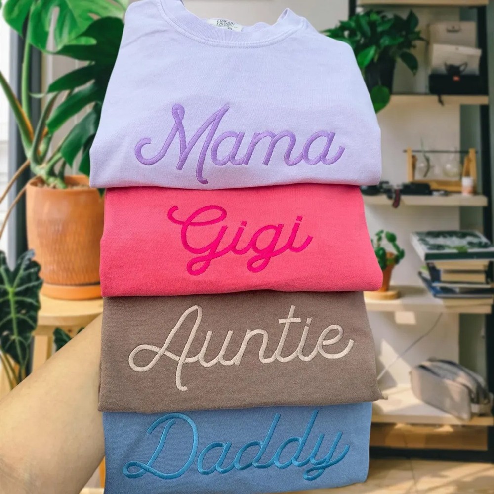 Custom Embroidered Mama Sweatshirt with Date and Kids Names on Sleeve For Mother's Day Gift